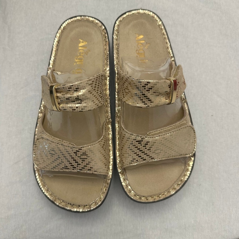 Alegria Karmen Gold Dazzler Slide Sandals Metallic Platform Adjustable Straps 37
